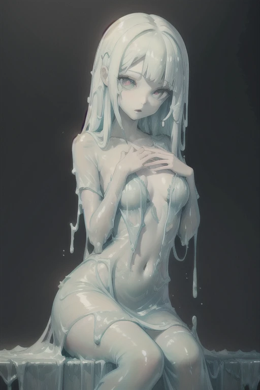 slime having breakfast sitting at home, (Translucent pale skin:1.6), No humans, Plain midi dress, liquid hair, Slimy liquid dripping from her body. Her hair is also covered in slime. slime scatters, Beautiful eyes with fine symmetry, (Intricate details:1.4...