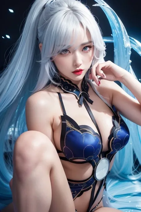 anime style、white skin、white hair、long hair、Hair with blue highlights、upward、Large and noticeable、Colorful gas expression、seductive big breasts、feminine、High-frequency detail (((sharpness)))、( (sharp focus: 1.2))、puerosface_V1: 0.7)、(8K、highest quality)、Ve...