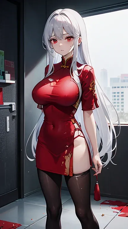 Torn red cheongsam，Broken black pantyhose，huge breasts，胸前Holes in clothes，Damaged clothes，Holes in clothes，Battle damage，Seriously injured，long white hair，Wipe the blood from the corner of your mouth with your hand，Weak，Gasping lightly，There are wounds on ...