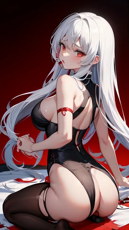 Torn red cheongsam，Broken black pantyhose，huge breasts，胸前Holes in clothes，Damaged clothes，Holes in clothes，Battle damage，Seriously injured，long white hair，Wipe the blood from the corner of your mouth with your hand，Weak，Gasping lightly，sideways，Half of you...