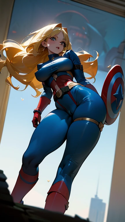 sexy, nsfw, nude,low angle worms eye pov looking up at Viktoriya Sasonkina as captain-america (standing) on a mound of rubble debris back view of blonde precocious 18 yo teenage beautiful blonde model pornstar raver-girl Viktoriya Sasonkina as captain-amer...