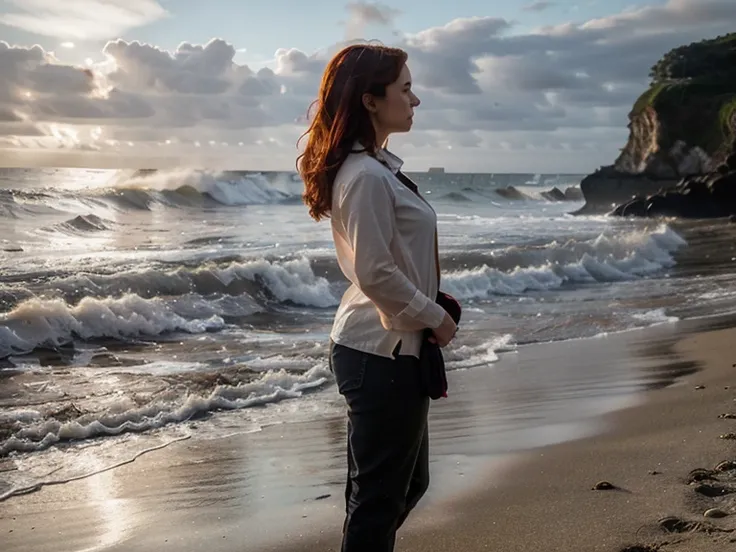 full shot, from_side, from_below, redheaded woman standing on a pebbly beach, large waves breaking in the distance, 