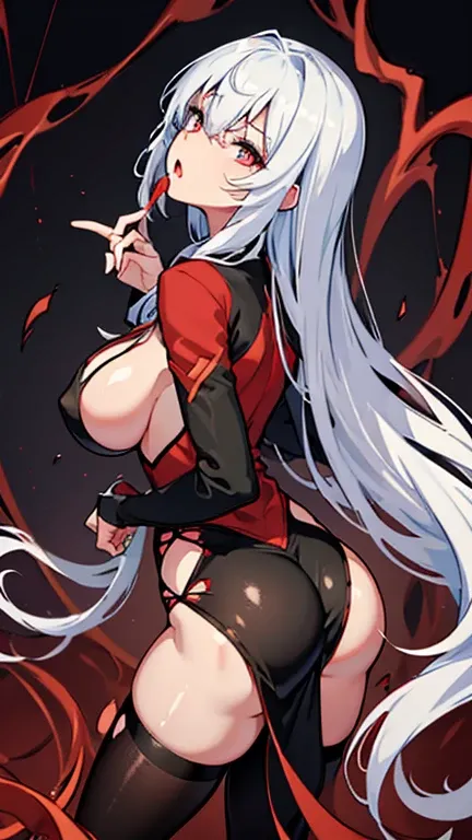 Torn red cheongsam，Broken black pantyhose，huge breasts，胸前Holes in clothes，Damaged clothes，Holes in clothes，Battle damage，Seriously injured，long white hair，Wipe the blood from the corner of your mouth with your hand，Weak，Gasping lightly，sideways，Half of you...