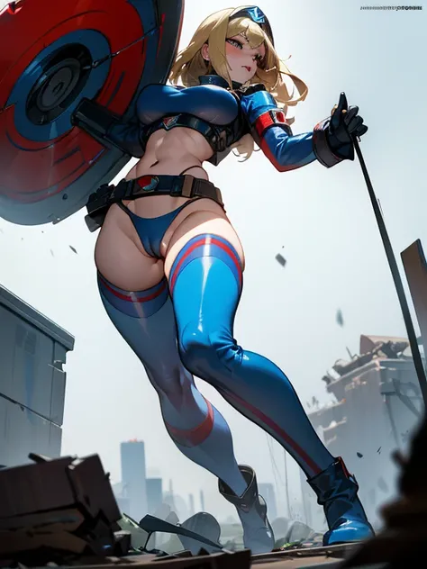 back view, ass, sexy, nsfw, nude,low angle worms eye pov looking up at Viktoriya Sasonkina as captain-america (standing) on a mound of rubble debris back view of blonde precocious 18 yo teenage beautiful blonde model pornstar raver-girl Viktoriya Sasonkina...