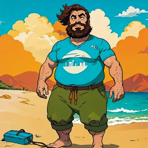 desenho de um homem gordo e bonito, com barba e camisa social . linha arte digital, caminhando na praia 