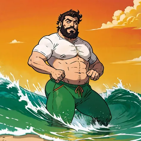 desenho de um homem gordo e bonito, com barba e camisa social . linha arte digital, caminhando na praia 