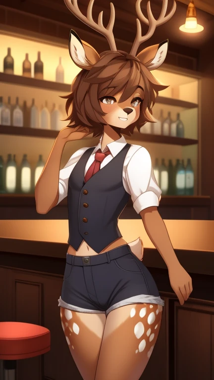 Best quality, super detailed illustration, warm colors, perfect lighting, better detail, (fluffy deer boy:1.4) , feminine face and body, disheveled thick hair, Bartenders clothes, short shorts, shirt, vest, black butterfly, behind the bar ,Sleepy view, bag...