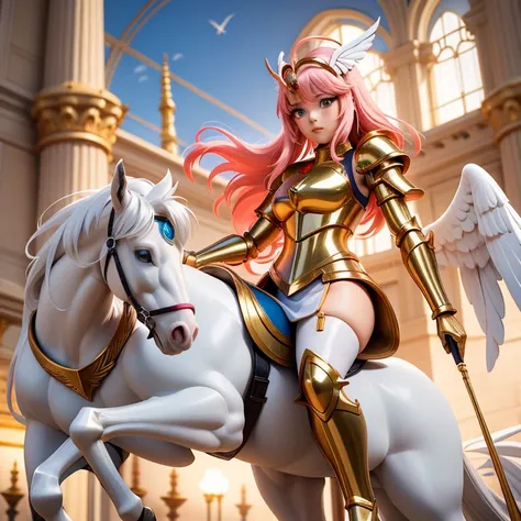 une femme, 25 ans, manga, cheveux longs, cheveux bruns, armure blanche et rouge, pegasus armor, saint seiya, seiya, pegasus, white horse head helmet, chevalier du zodiaque, dans un Grèce antique, Coliseum, metal pegasus wings, jupe en crin de cheval