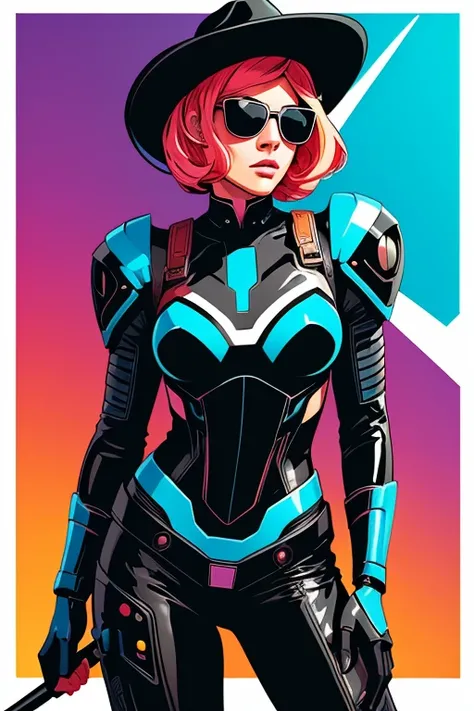 Masterpiece, digital artwork,  stylized sexy female scifi cyborg cowboy, leather outfit, naked , sunglasses, cowboyhat,  (brush strokes), vector art, negative space,rough inkdrawing, colorful,  dynamic pose, artwork, brushstrokes, ink, cell-shading,