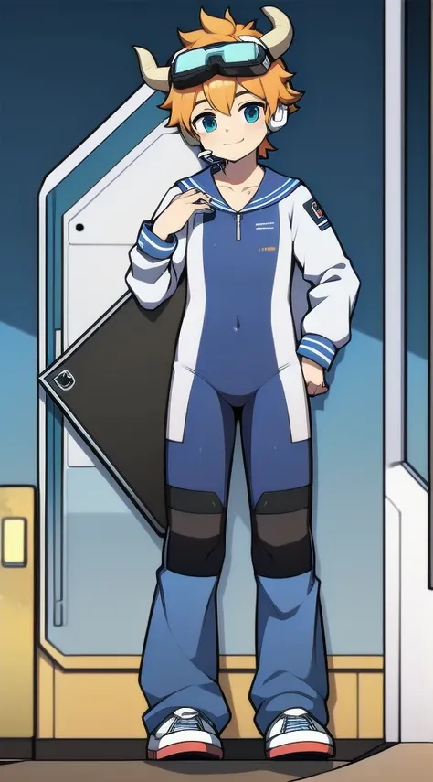 Two-dimensional boy，One-piece mountaineering suit，horn，cow ears，Put the headphones on your head，stand up，goggles，sports shoes，Slim，Smile，Sailor collar