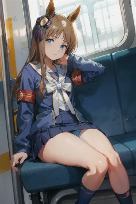 grass wonder \(umamusume\)   on the train　　（（1 person））　upper half length sleeve white sailor uniform　lower body navy blue minis...