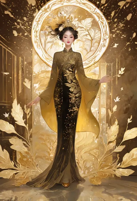 1girl, gold leaf art, goldcarvingcd_xl, jinsixiangyun, traditional, golden, gold foil art, gold leaf,gilded details,shimmering s...