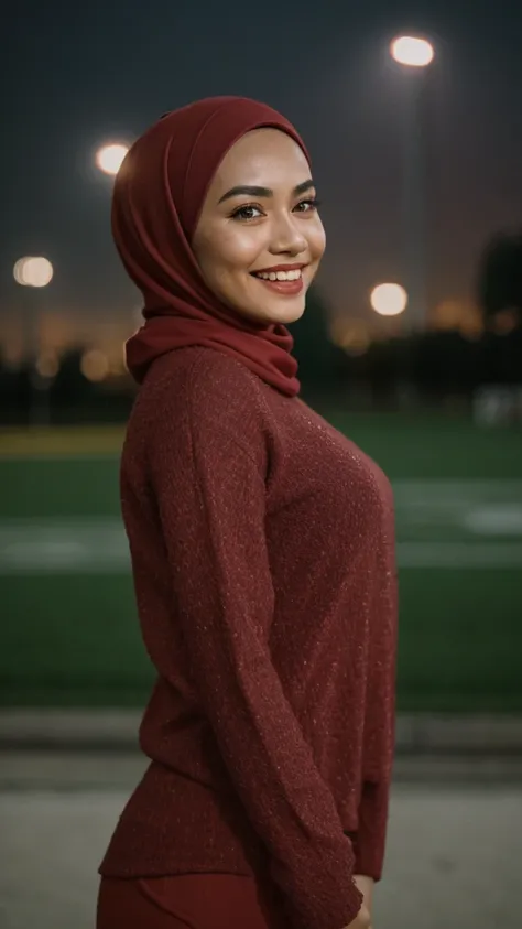 Malay girl in hijab wear big oversized loose dark red jersey and high waist palazzo pants in soccer field, watching soccer, wear back pack, front view, detail skin, detail skin texture, mole below eyes, small breast, big hip, big waist, big thigh, slim abs...