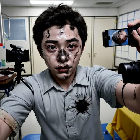 Filming a comedy movie set in a school science lab、Boy actor covered in soot and battered by explosion takes selfie