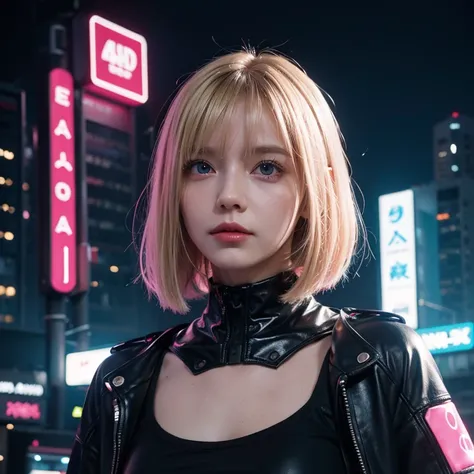 1 girl, pink neon ,android, 女性android , cyber punk, club,dim lighting, neon signs,fc portrait, neon,cyber punk, futuristic ,British girl with short, straight blonde hair, bang, bob cut, blue eyes, 15 years, young, pale skin, slender body, small breasts, sm...