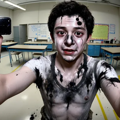 During the filming of a comedy movie set in a school science lab、A boy actor takes a selfie after being covered in soot and in tatters after an explosion