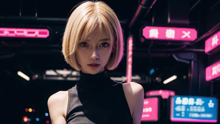 1 girl, pink neon ,android, 女性android , cyber punk, club,dim lighting, neon signs,fc portrait, neon,cyber punk, futuristic ,British girl with short, straight blonde hair, bang, bob cut, blue eyes, 15 years, young, pale skin, slender body, small breasts, sm...