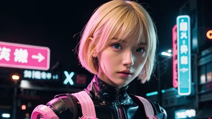 1 girl, pink neon ,android, 女性android , cyber punk, club,dim lighting, neon signs,fc portrait, neon,cyber punk, futuristic ,British girl with short, straight blonde hair, bang, bob cut, blue eyes, 15 years, young, pale skin, slender body, small breasts, sm...