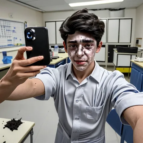 During the filming of a comedy movie set in a school science lab、A boy actor takes a selfie after being covered in soot and in tatters after an explosion