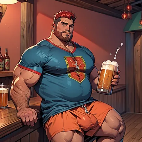 Make a man with obesity. Esse homem deve estar usando roupa vermelha. Ele deve estar dentro de um bar. Hes drinking beer. Foto ultra realista, qualidade 8k, Full HD