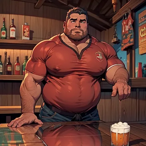 make a man with obesity. esse homem deve estar usando roupa vermelha. ele deve estar dentro de um bar. he's drinking beer. foto ...