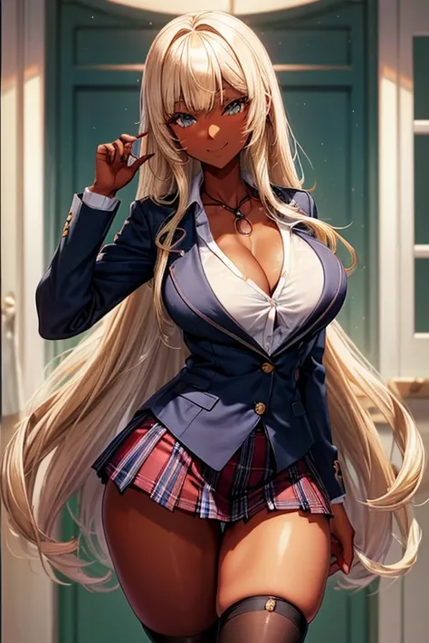 (masterpiece), best quality, expressive eyes, perfect face, (classrom window background), (standing), (smirk), (1girl, kuro gyaru, dark skin Asian, tan skin asian, dark skin, tan skin, tan, bleach blonde hair, bleach blonde hair asian, curly hairstyle with...