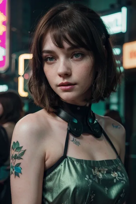 girl with pale skin, dark brown hair, bob hairstyle with curtain bangs, grey-green eyes, freckles, beautiful flawless face, with floral tattoos, in mini dress, in a futuristic cyberpunk world full of neon lights