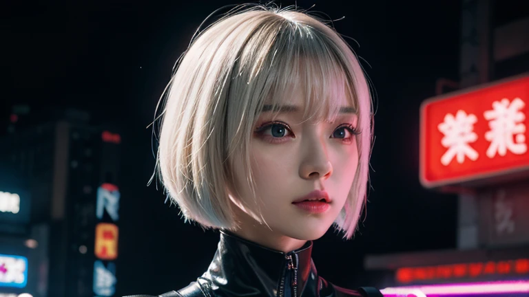 1 girl, 緑色のneon ,android, 女性android , cyber punk, club,dim lighting, neon signs,fc portrait, neon,cyber punk, futuristic ,Japanese girl with short, straight white hair, bang, bob cut, black eyes, 15 years, young, pale skin, slender body, small breasts, sma...