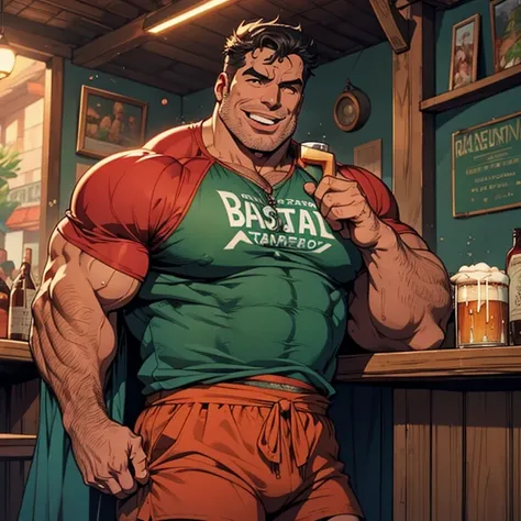 Make a man with obesity. Esse homem deve estar usando roupa vermelha. Ele deve estar dentro de um bar. Hes drinking beer. Foto ultra realista, qualidade 8k, Full HD,sentido muito prazer, corpo muito suado, extreme sweating on the body gesturing talking exp...