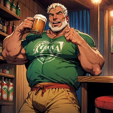 Make a man with obesity. Esse homem deve estar usando roupa vermelha. Ele deve estar dentro de um bar. Hes drinking beer. Foto ultra realista, qualidade 8k, Full HD,sentido muito prazer, corpo muito suado, extreme sweating on the body gesturing talking exp...