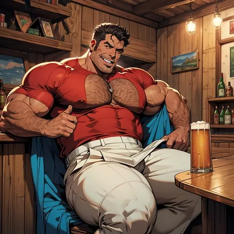 Make a man with obesity. Esse homem deve estar usando roupa vermelha. Ele deve estar dentro de um bar. Hes drinking beer. Foto ultra realista, qualidade 8k, Full HD,sentido muito prazer, corpo muito suado, extreme sweating on the body gesturing talking exp...