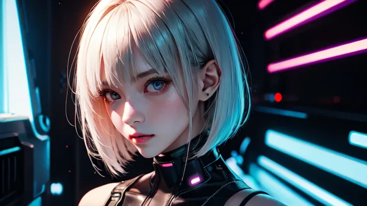 1 girl, ピンクのneon ,android, 女性android , cyber punk, club,dim lighting, neon signs,fc portrait, neon,cyber punk, futuristic ,Japanese girl with short, straight silver hair, bang, bob cut, black eyes, 15 years, young, pale skin, slender body, small breasts, s...