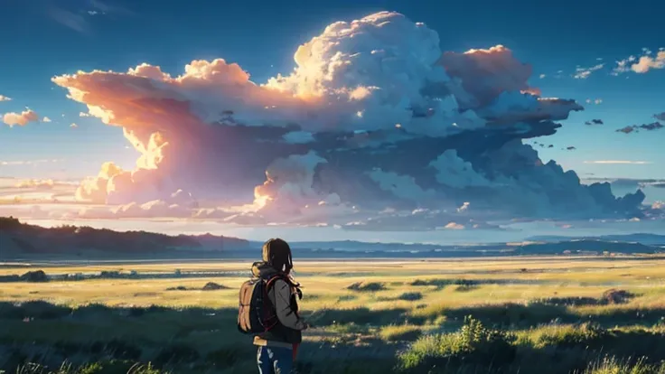 Vast Sky, Beautiful skyline, Wide grassland, A very tense and dramatic photo, Moving visual effects, Polaris in extreme difficulty, Depth of the bounds written, Colorful natural light. rugged jacket, jeans, A girl with a backpack in the center of the frame...