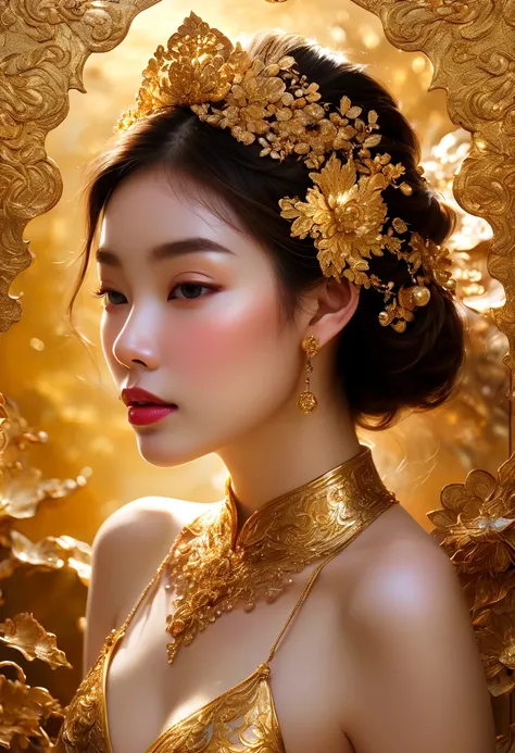 1girl, Gold Leaf Art, goldcarvingcd_xl, jinsixiangyun, traditional, golden, Gold Foil Art, gold leaf,gilded details,shimmering surface,meticulous craftsmanship,rich texture,ornate patterns,hand-applied gold leaf,golden accents,delicate brushwork,reflective...