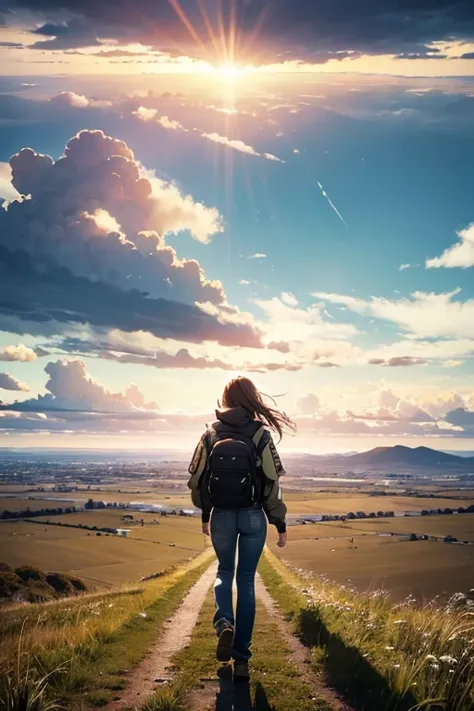 Vast Sky, Beautiful skyline, Wide grassland, A very tense and dramatic photo, Moving visual effects, Polaris in extreme difficulty, Depth of the bounds written, Colorful natural light. rugged jacket, jeans, A girl with a backpack in the center of the frame...