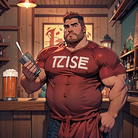 Make a man with obesity. Esse homem deve estar usando roupa vermelha. Ele deve estar dentro de um bar. Hes drinking beer. Foto ultra realista, qualidade 8k, Full HD