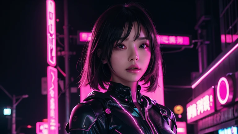 1 girl, pink neon ,android, 女性android , cyber punk, club,dim lighting, neon signs,fc portrait, neon,cyber punk, futuristic ,