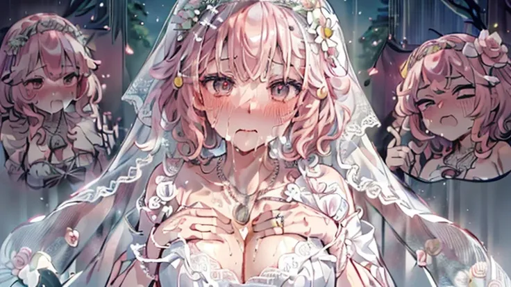 ultra-detailed、(8k, RAW photo, best quality, masterpiece:1.2), (extremely detailed 8k wallpaper),professional lighting,sharp focus, depth of field、nfws,((((head shot)))),((((美しいflower嫁)))),(((Pink fluffy short bob、rainbow colored curl hair、Curly hair)))、((...