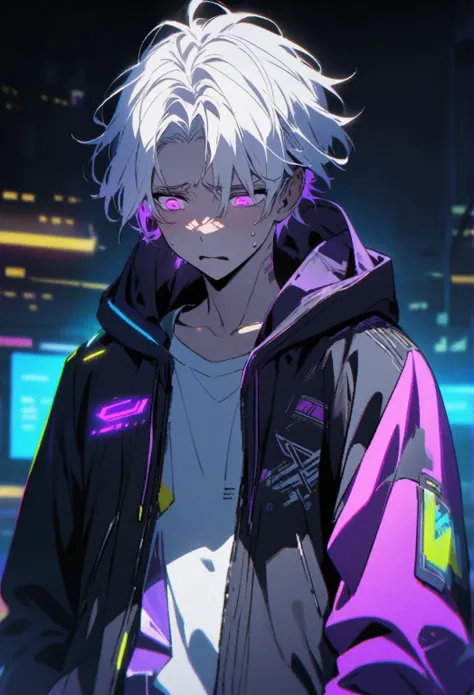 Man, white hair, purple glowing eyes, sad expression, wearing a cyberpunk hoodie