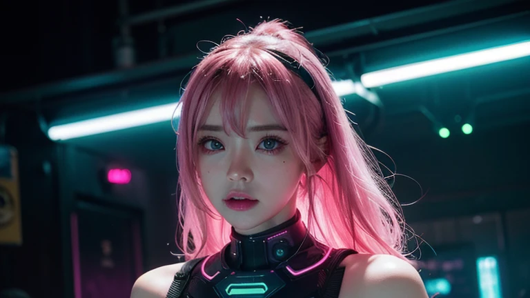 1 girl, pink neon ,android, 女性android , cyber punk, club,dim lighting, neon signs,fc portrait, neon,cyber punk, futuristic ,