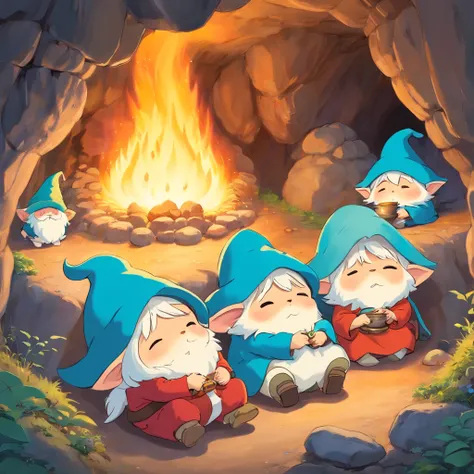 Four cute gnomes lie sleeping in a cave, covered with one large fluffy blanket,
A small fire with a pot is burning nearby. Cozy, cute, beautiful,
Excellent quality of drawing 