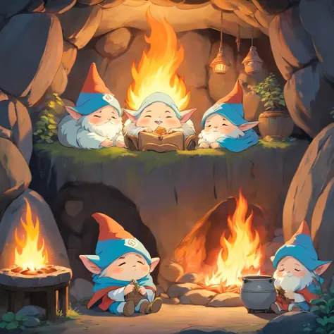 Four cute gnomes lie sleeping in a cave, covered with one large fluffy blanket,
A small fire with a pot is burning nearby. Cozy, cute, beautiful,
Excellent quality of drawing 