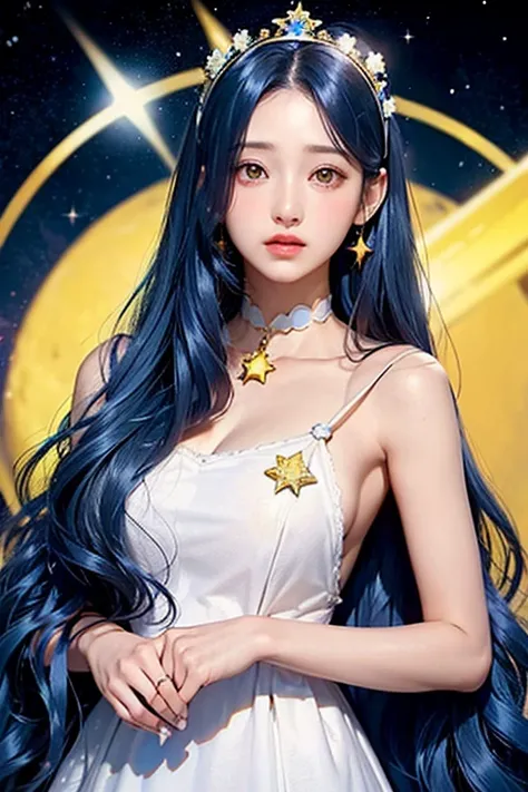 long blue hair,cute ,Half moon brooch on head,yellow eyes,big eyes,Blue ribbon brooch with star around neck, white dress