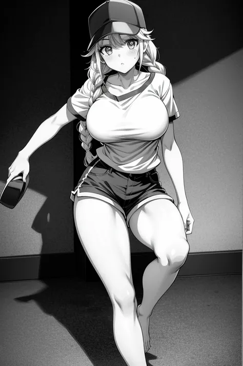 a cartoon girl is standing on her tip toes and pulling a hat on, 1girl, monochrome, greyscale, hat, shorts, breasts, solo, baseball cap, shirt, large breasts, looking at viewer, short sleeves, blush, braid, short shorts, collarbone, twin braids, long hair