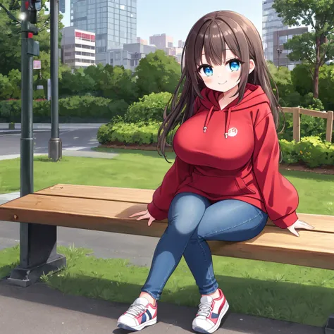 A Cute Girl, Long Dark-Brunette hair, Beautiful Blue eyes, very Busty, wide hips, and is very short. Wearing an old Red Hoodie, Heavily-worn Dark-Blue Jeans, and Grey Sneakers. Sitting on a wooden bench in a Park, in a big city. With a cute little smile, (...