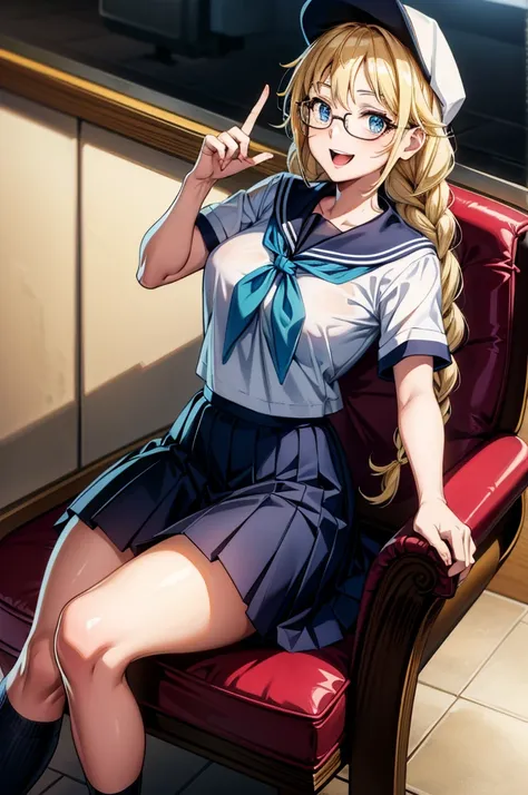 a cartoon character on a chair with glasses on point finger at the camera, 1girl, solo, hat, blue eyes, sitting, skirt, , breasts, twin braids, large breasts, serafuku, smile, braid, blonde hair, looking at viewer, open mouth, pleated skirt, short sleeves,...