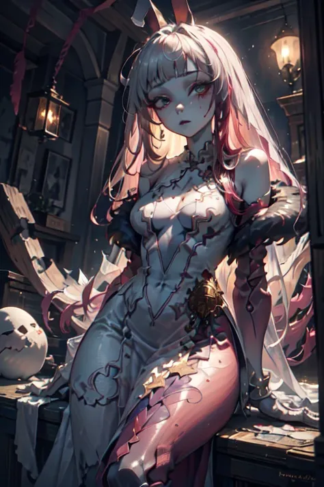 ghost, (Translucent torn skin:1.4), No humans, dress, red hair, partial fused exoskeleton, Beautiful eyes with fine symmetry, (Intricate details:1.4), (Highly detailed face and eyes:1.2), slim figure, posing sitting for a photo, , castle, anime, fantasy, d...