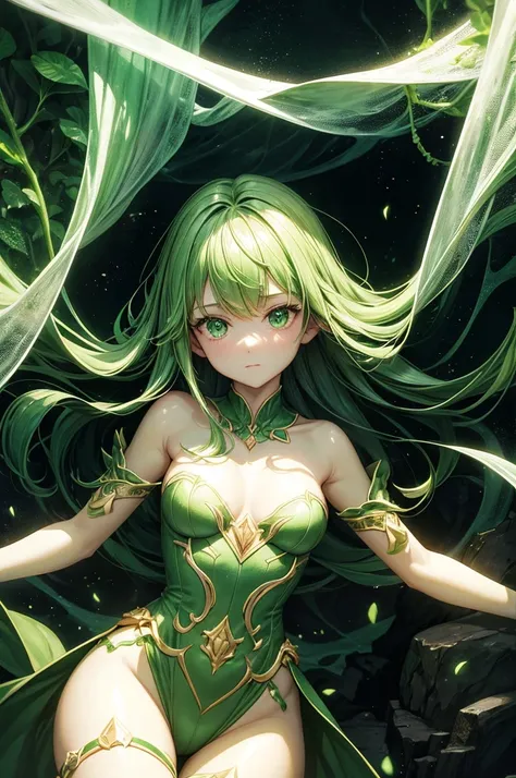 The shape of a beautiful Girl carved into a wall of green emeralds inside a dark cave