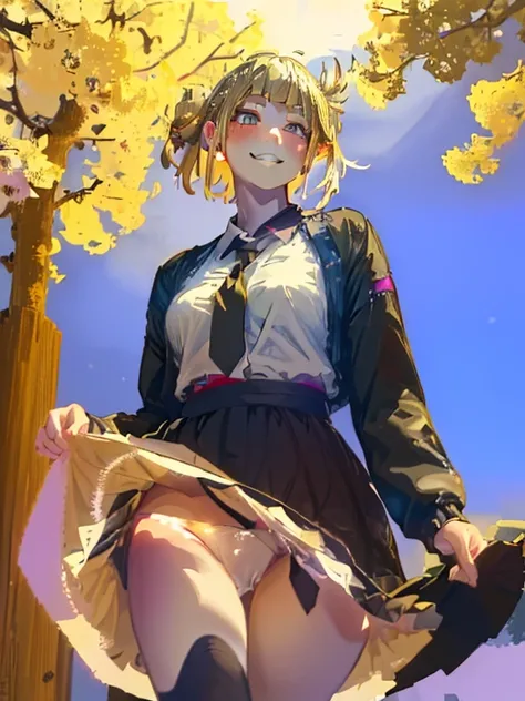 masterpiece, highest quality, anime, very detailed, 1 girl, alone, blonde、Twin buns、shyness、smile、Himiko Toga、Black Lingerie