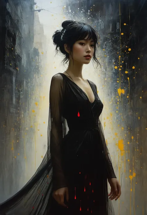 "full body shot, head to toe, full-length view, wide field of view, centered, uncropped"Dark Ambient silhouette of a beautiful woman, relief, oil painting, red-yellow drops, thin flowing lines, wax, long strokes, light gentle shadows, + 36.5 mm f0 cinemati...